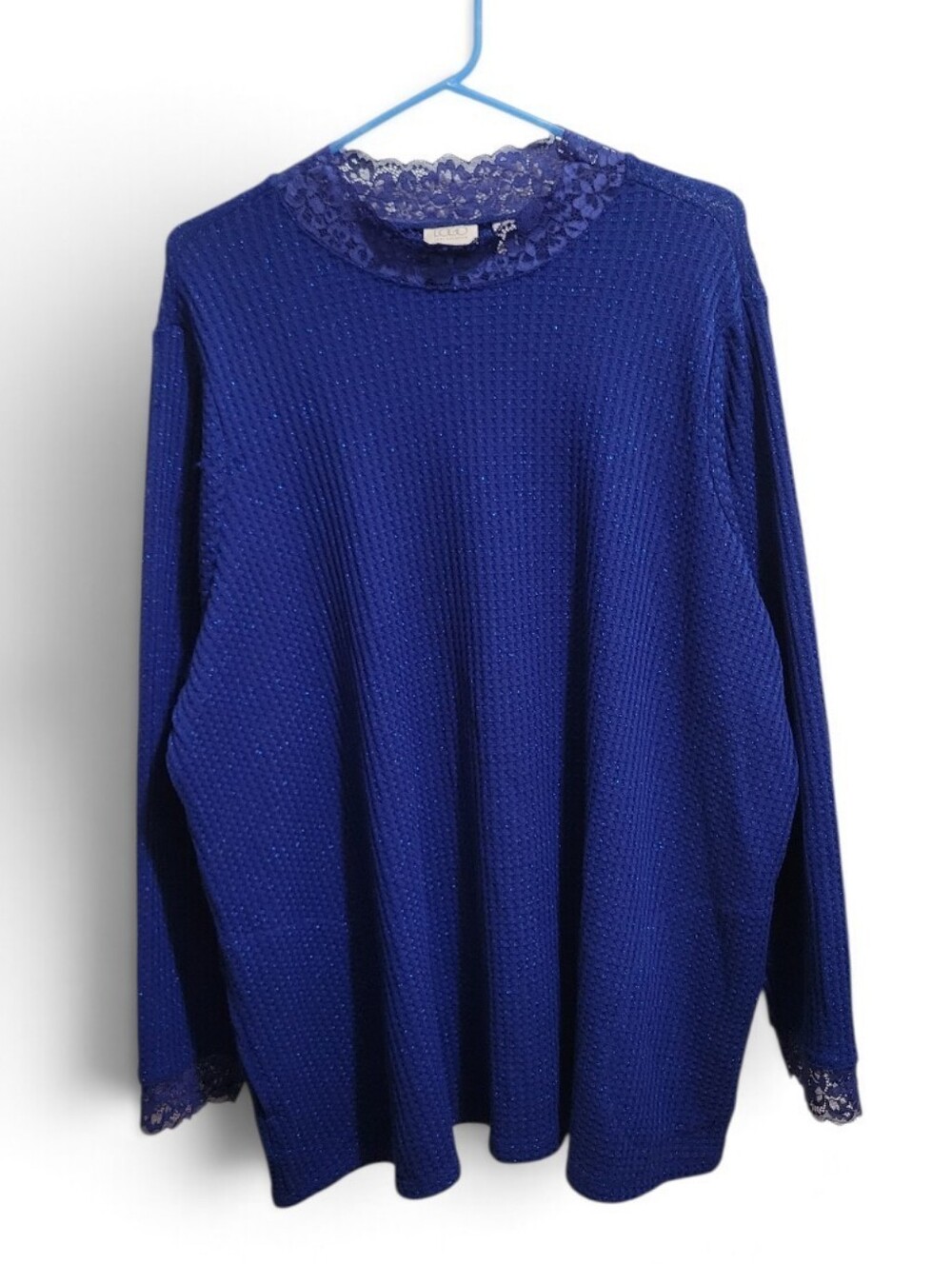 Logo Royal Blue Metallic Waffle Knit Mock Neck Top
